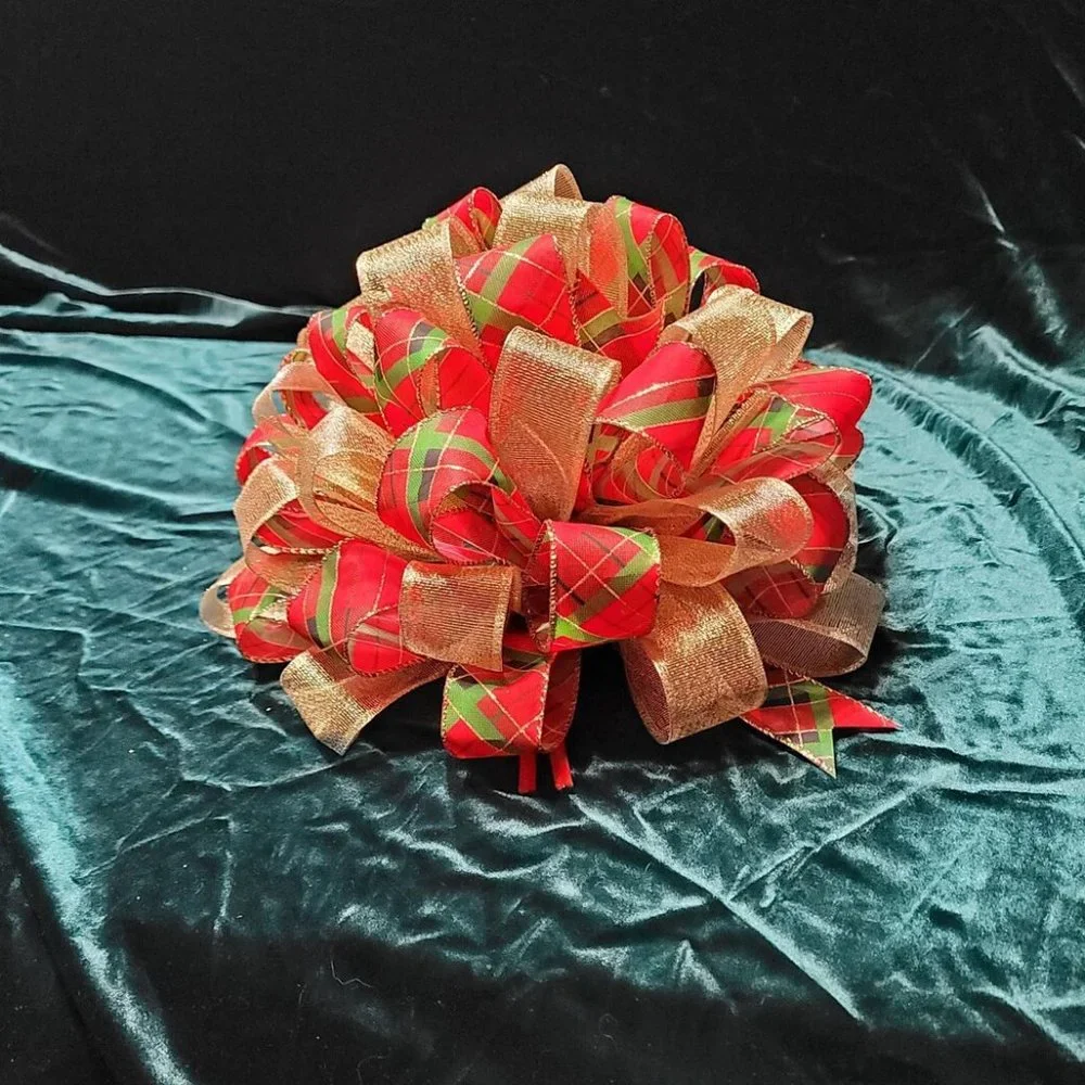 Christmas Tree Bow Topper, Red/Green Plaid & Gold Ribbon Tree Topper 44 Loop Bow